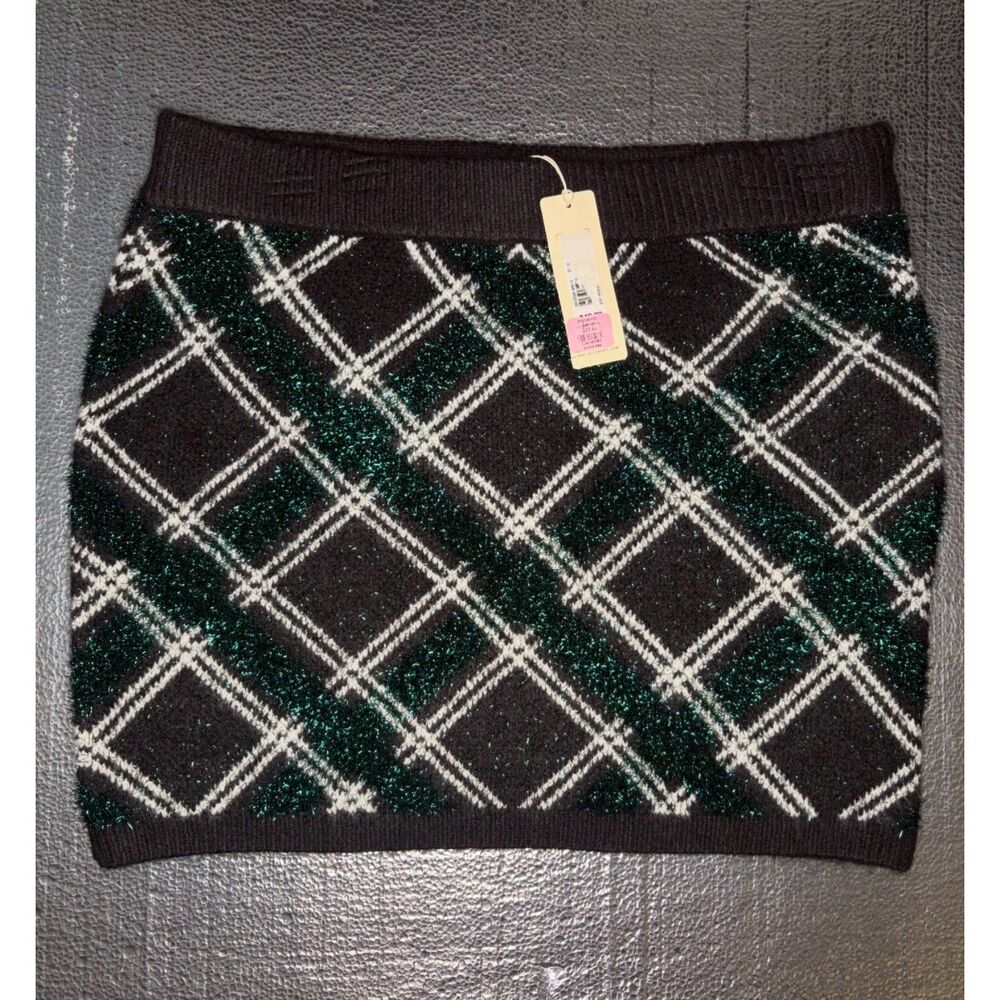 Copper Key Plaid Sweater Mini Skirt Black Green Metallic NWT Holiday